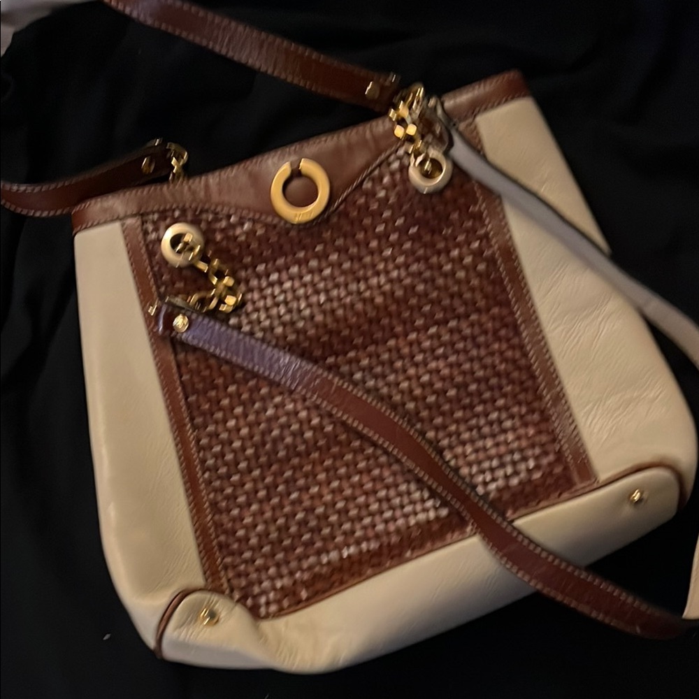 Bally Brown and Cream Shoulder Bag with Gold Hardware